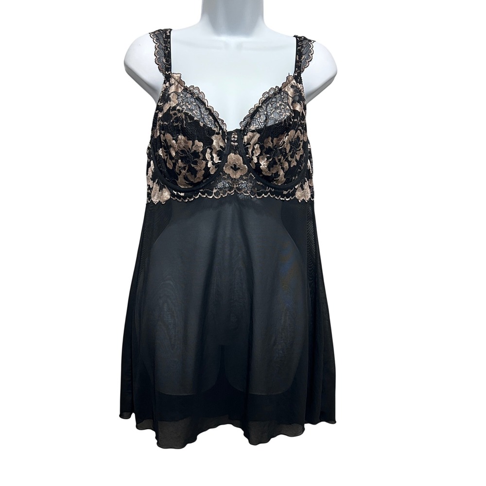 Auden Intimates Black Gold Floral Lace Underwire Babydoll Sheer‎ Mesh L Lingerie
